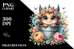 Cute Baby Dragon with Sunflowers, PNG Product Image 1