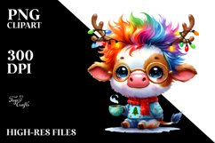 Vibrant Cow with Reindeer Horns, PNG Product Image 1