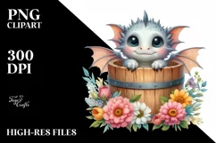 Cute Baby Dragon with Flowers, PNG Product Image 1