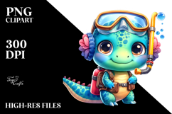 Vibrant Baby Dinosaur with Scuba Diving Suit PNG Product Image 2