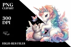 Colorful Baby Unicorn Playing with Kitten, Transparent PNG Product Image 1