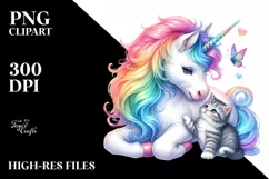 Colorful Baby Unicorn Playing with Kitten, Transparent PNG Product Image 3