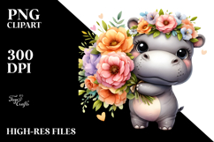 Cute Baby Hippo with Large Flower Bouquet | Clipart Product Image 2