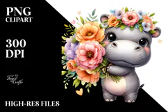 Cute Baby Hippo with Large Flower Bouquet | Clipart Product Image 2