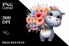 Cute Baby Hippo with Large Flower Bouquet | Clipart Product Image 3