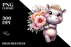Cute Baby Hippo with Large Flower Bouquet | Clipart Product Image 2