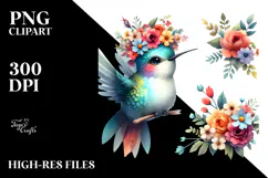 Vibrant Flower Crown with Cute Baby Hummingbird | Clipart Product Image 2