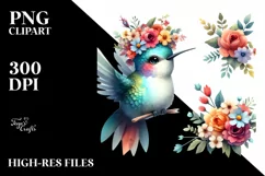 Vibrant Flower Crown with Cute Baby Hummingbird | Clipart Product Image 1