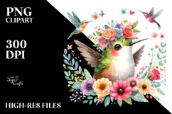 Vibrant Flower Crown with Cute Baby Hummingbird | Clipart Product Image 2