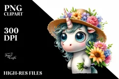 Unicorn with Sun Hat and Flower Bouquet | Sublimation | Product Image 1