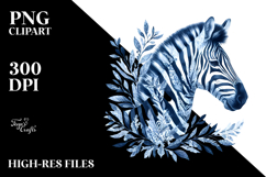 Blue Toile Zebra Portrait, Vibrant Watercolor PNG Product Image 2