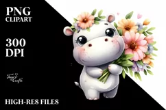 Cute Hippo with Large Flower Bouquet | Clipart Product Image 3