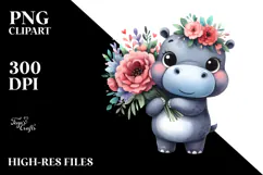 Cute Hippo with Large Flower Bouquet | Clipart Product Image 2