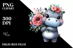 Cute Hippo with Large Flower Bouquet | Clipart Product Image 1