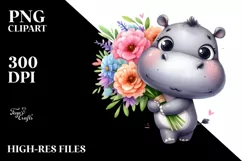 Cute Hippo with Large Flower Bouquet | Clipart Product Image 3
