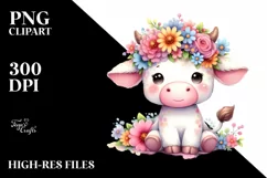 Sitting Cow with Vibrant Flower Crown | Clipart Product Image 1