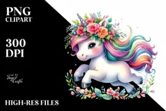 Cute Unicorn Running with Floral Wreath, PNG Product Image 1