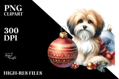 A Cute Watercolor Havanese with Christmas Globes, White Product Image 2