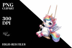 Baby Unicorn Swinging from Rainbow Watercolor Product Image 1