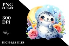 Colorful Baby Spotted Seal with Moon and Flowers | Product Image 1