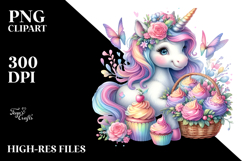 Colorful Baby Unicorn with Basket of Cupcakes, Transparent Product Image 2