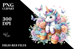 Colorful Baby Unicorn with Basket of Cupcakes, Transparent Product Image 2