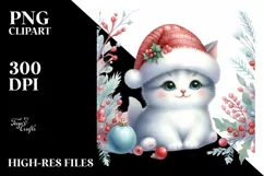 A Cute Watercolor Cat with Santa Hat, White Background Product Image 1