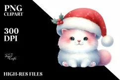 A Cute Watercolor Cat with Santa Hat, White Background Product Image 1
