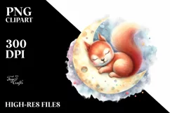 Colorful Baby Squirrel Sleeping on Moon | Watercolor Clipart Product Image 1