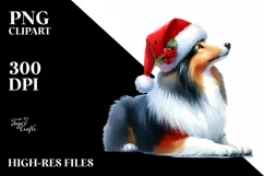 A Cute Watercolor Collie Sitting with Santa Hat, White Product Image 1