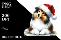 A Cute Watercolor Collie Sitting with Santa Hat, White Product Image 2