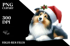 A Cute Watercolor Collie Sitting with Santa Hat, White Product Image 2