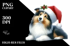 A Cute Watercolor Collie Sitting with Santa Hat, White Product Image 3