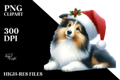 A Cute Watercolor Collie Sitting with Santa Hat, White Product Image 2