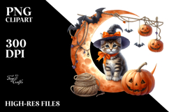Kitten Dressed for Halloween Sitting on Half Moon PNG Product Image 2