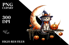 Kitten Dressed for Halloween Sitting on Half Moon PNG Product Image 2