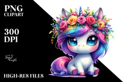 Cute Baby Unicorn with Floral Wreath PNG Product Image 2
