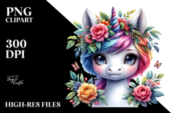 Cute Baby Unicorn with Floral Wreath PNG Product Image 2