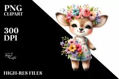 Whimsical Flowers,Smiling Cute Baby Deer | Clipart Product Image 1