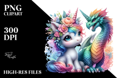 Baby Unicorn with Dragon, Watercolor PNG Product Image 2