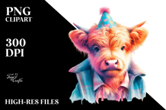 Baby Cow with Birthday Hat, Watercolor PNG Product Image 2