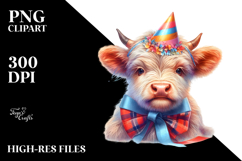 Baby Cow with Birthday Hat, Watercolor PNG Product Image 2