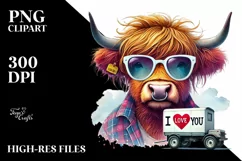 Highland Calf with Heart Shaped Sunglasses PNG Product Image 2