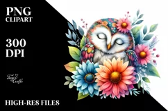 Colorful Owl Flower Watercolor Sleeping | Clipart Product Image 3