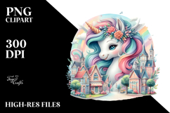 Baby Unicorn with Village Square, Watercolor PNG Product Image 2