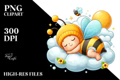 Vibrant Cute Baby Bee Sleeping on the Cloud, PNG Product Image 2