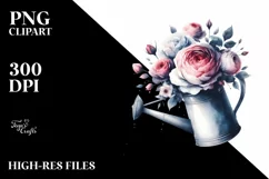 Abstract Watercolor Watering Can with Large Rose | Clipart Product Image 1