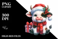 Watercolor Pastel Cow Dressed for Christmas | Clipart Product Image 3
