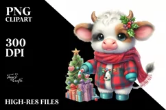 Watercolor Pastel Cow Dressed for Christmas | Clipart Product Image 1