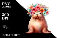 Cute Walrus with Flower Crown, High-Res PNG Product Image 1